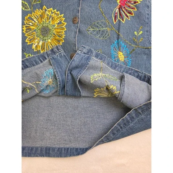Vtg 90s Tantrums Ladybug Sunflower‎ Denim Shacket Embroidered Beads Sequins Sz M - Picture 16 of 16